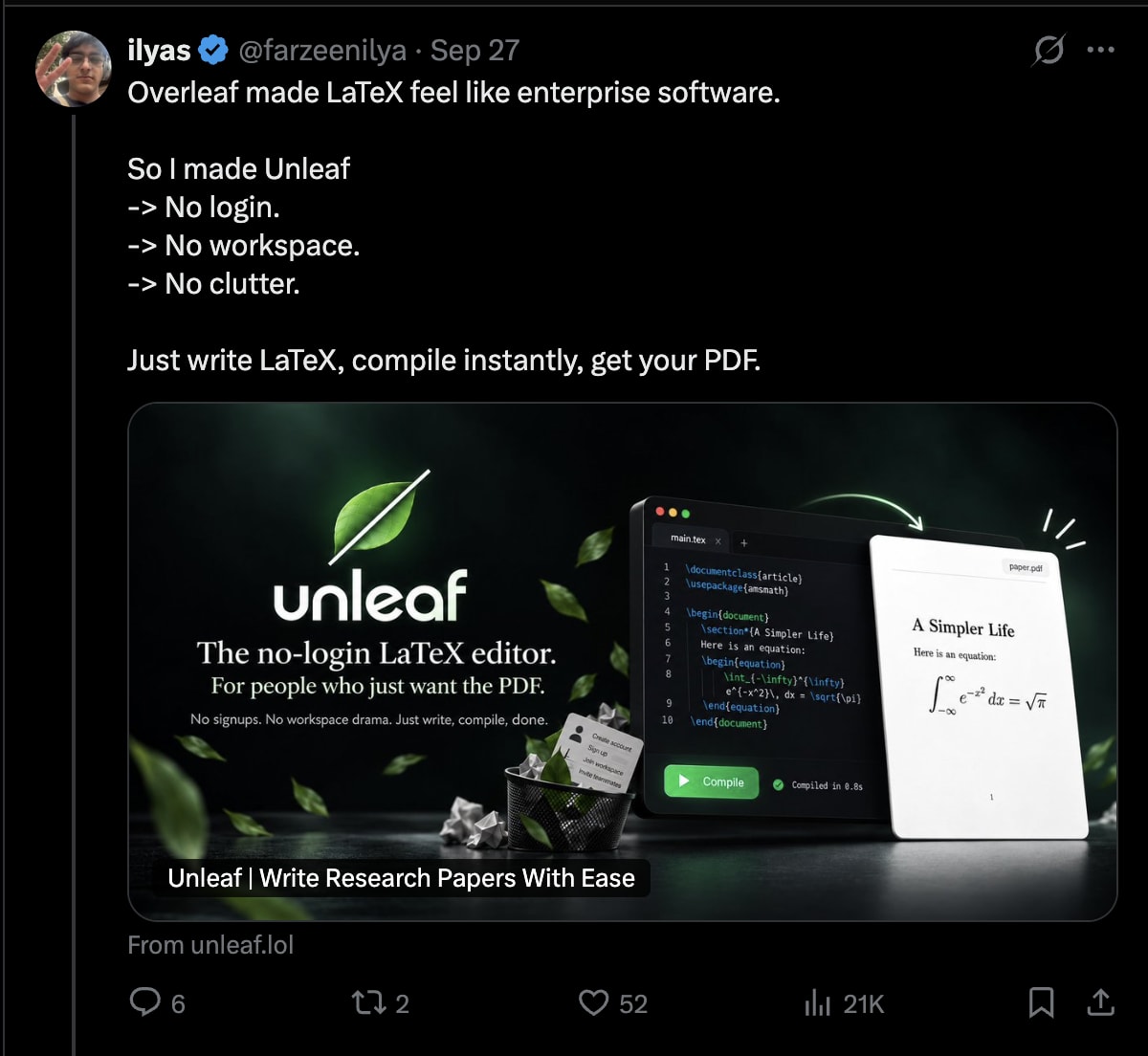 September 27 Unleaf launch tweet showing 6 replies, 2 reposts, 52 likes and approximately 21K views